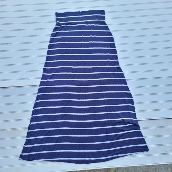 Forever 21 Navy Blue White Striped Side Slit Pull On Maxi Skirt Womens Size M - Picture 1 of 8